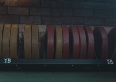 Detailed view of gym weight plates on a rack in an indoor fitness center.